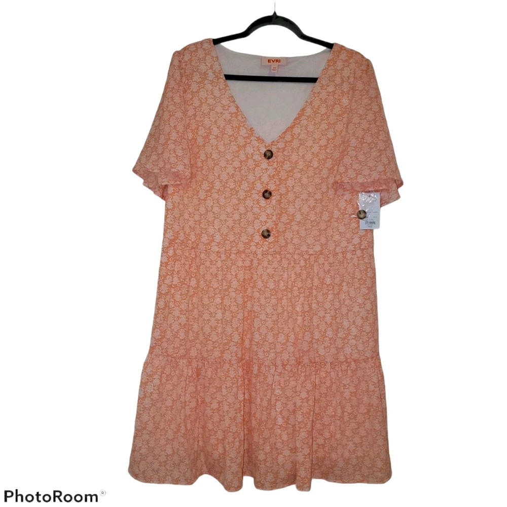 EVRI NEW Plus Size Coral Floral V-Neck Button Front Tiered Dress - Size 0X